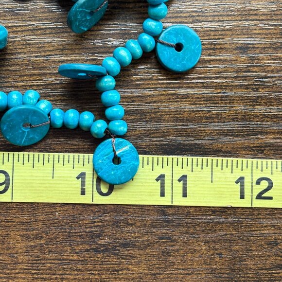 VTG Circle Disc & Round Coconut Wood Dyed Blue Triple Strand Necklace 30" Length - Picture 8 of 10